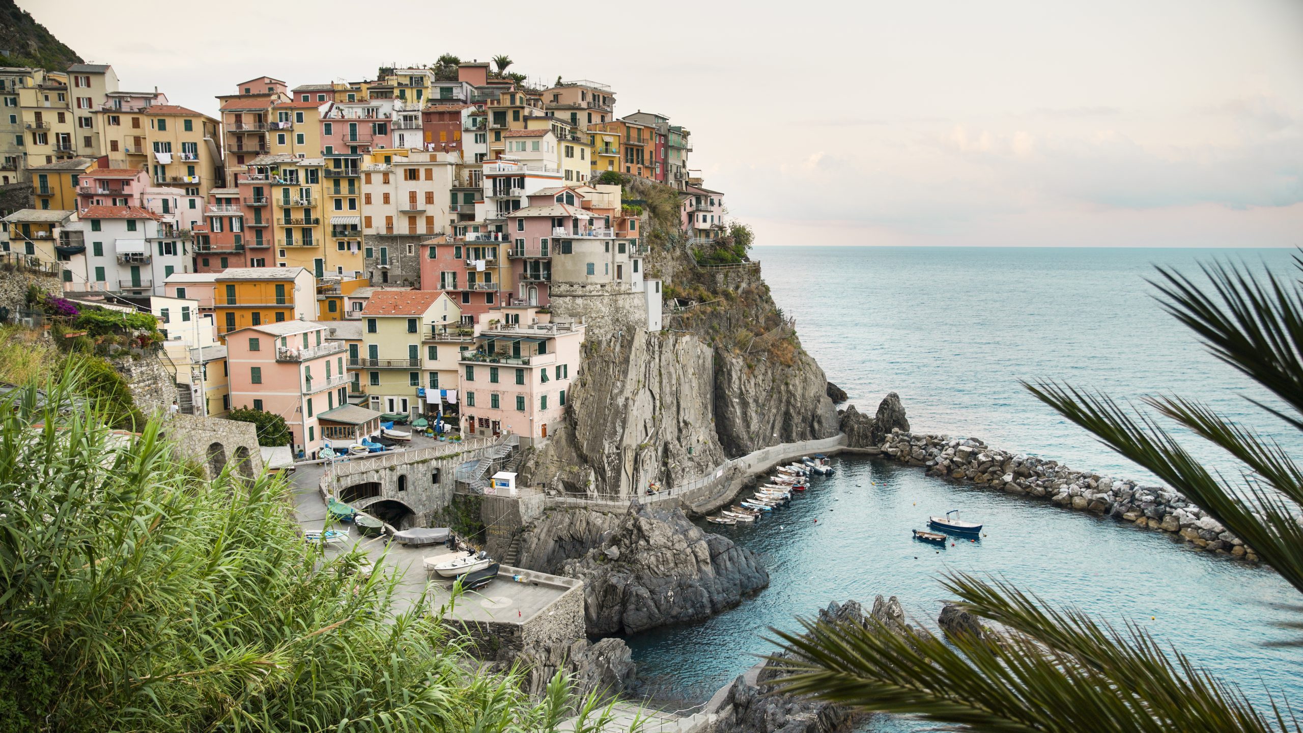View of Manarola at sunset, located on the Ligurian sea coast, Italy. Rows of residential buildings, greenery